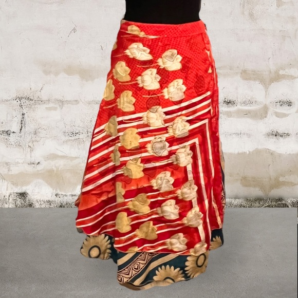 Darn Good Yarn Dresses & Skirts - Darn Good Yarn XL Tea-Length, reversible 2 layer recycled sari wrap skirt